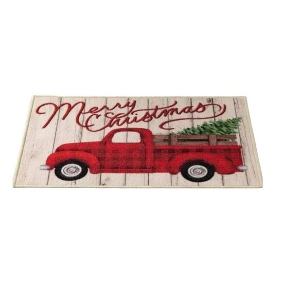 Christmas Rug and Ornaments Red Pickup Truck Holiday Seasonal Mat JJ1262/1166 - Picture 3 of 7